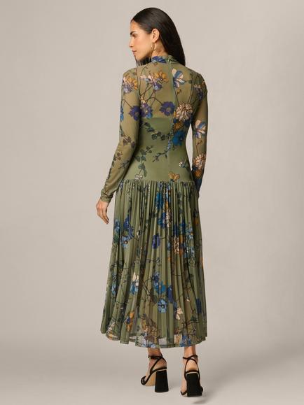 Adrianna Papell Floral Mock Neck Ankle Dress, Olive/Multi - view 2, Olive/Multi