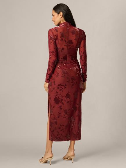 Adrianna Papell Velvet Burnout Floral Long Sleeve Dress, Auburn - view 2, Auburn