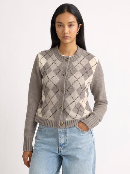 Albaray Argyle Geometric Round Neck Cardigan, Camel, Camel