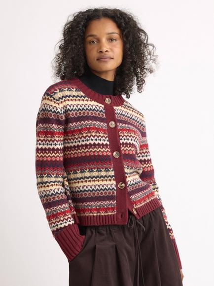 Albaray Fair Isle Crew Cardigan, Burgundy, Burgundy