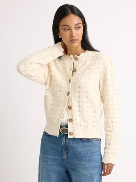 Albaray Pointelle Puff Sleeve Cardigan, Cream, Cream