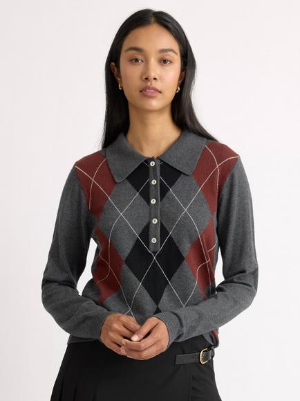 Albaray Argyll Polo Organic Cotton Geometric Jumper, Multi, Multi