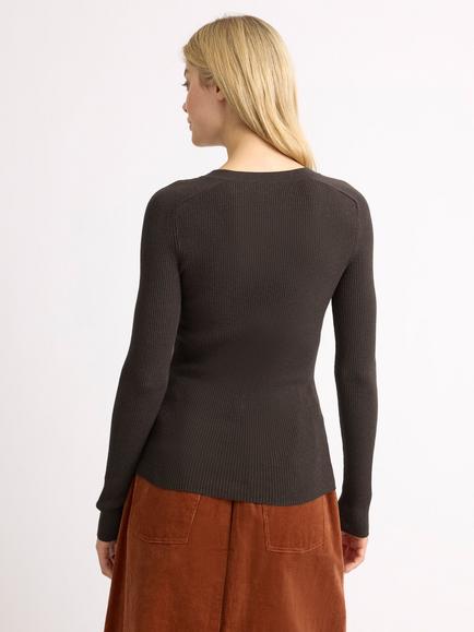 Albaray Rib Button Top V-Neck Jumper, Chocolate - view 2, Chocolate