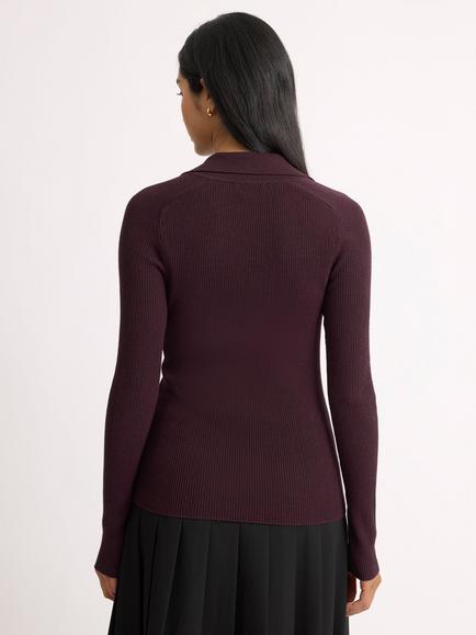 Albaray Rib V-Neck Slim Fit Jumper - view 2, Burgundy