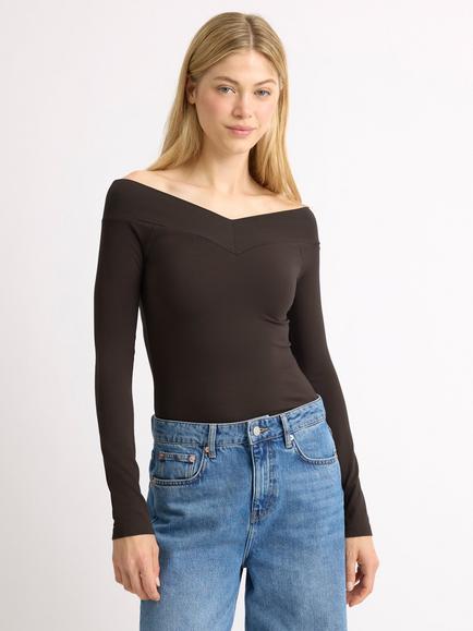 Albaray V-Bardot Jersey Top, Chocolate, Chocolate