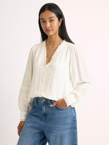 Albaray Lace Trim Long Sleeve Top, Cream, Cream