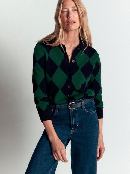 Boden Ariadne Geometric Cardigan, Navy/Green, Navy/Green
