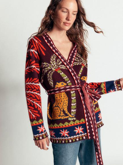 Boden Belted Wrap Open Neck Jungle Print Cardigan, Wine Tasting, Wine Tasting