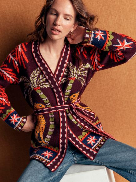 Boden Belted Wrap Open Neck Jungle Print Cardigan, Wine Tasting - view 2, Wine Tasting