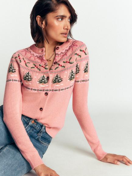 Boden Edie Fair Isle Crew Neck Cardigan, Pink/Multi, Pink/Multi