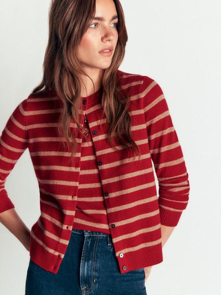 Boden Elsie Cashmere Stripe Crew Neck Cardigan, Poppy Red, Poppy Red