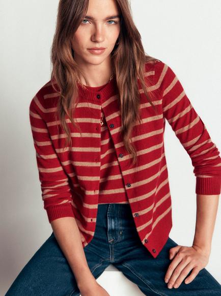 Boden Elsie Cashmere Stripe Crew Neck Cardigan, Poppy Red - view 2, Poppy Red