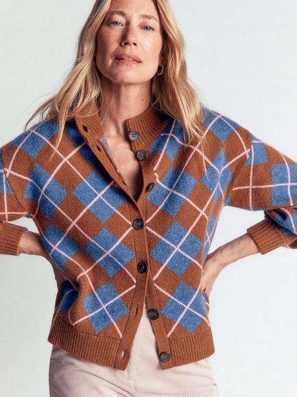 Boden Jemma Geometric Cardigan, Raw Umber/Blue, Raw Umber/Blue