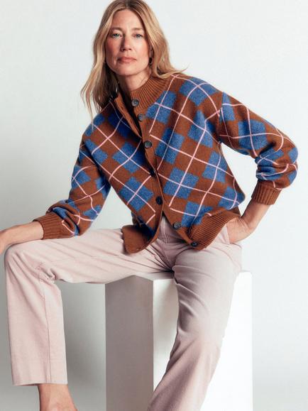 Boden Jemma Geometric Cardigan, Raw Umber/Blue - view 2, Raw Umber/Blue