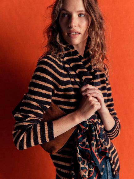 Boden Lydia Tie Neck Cardigan, Navy/Camel - view 2, Navy/Camel