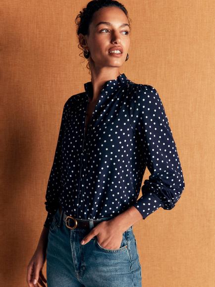 Boden Isla Spot Print Long Sleeve Blouse, Navy/White, Navy/White