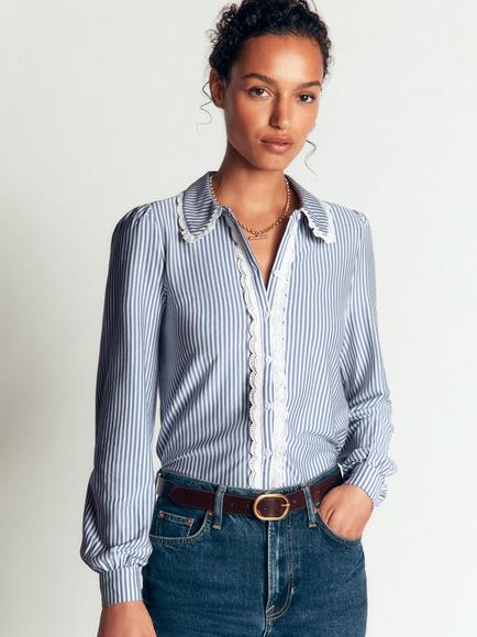 Boden Lena Stripe Lace Trim Shirt, Denim/Ivory, Denim/Ivory