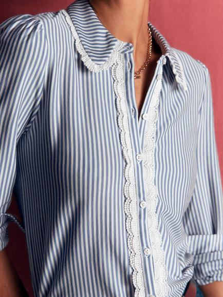 Boden Lena Stripe Lace Trim Shirt, Denim/Ivory - view 2, Denim/Ivory