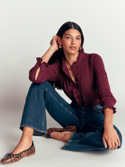 Boden Mega Frill Blouse, Dark Cherry - view 2, Dark Cherry