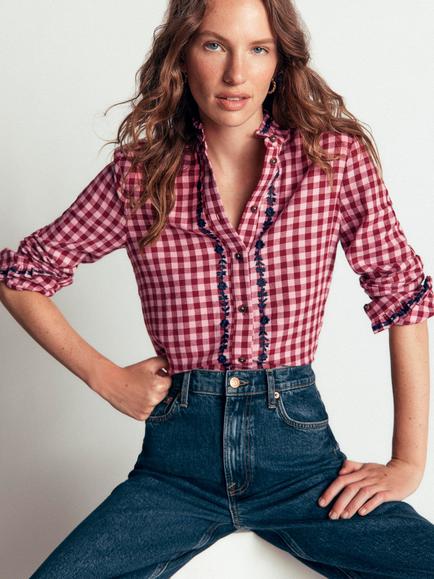 Boden Sienna Check Frill Cotton Shirt, Pink, Pink