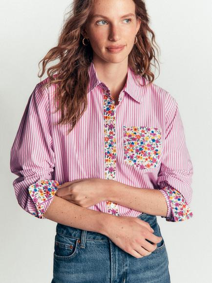 Boden Sienna Striped Floral Relaxed Fit Shirt, Purple/Multi, Purple/Multi