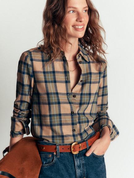 Boden The New Sienna Check Cotton Shirt, Camel/Green, Camel/Green
