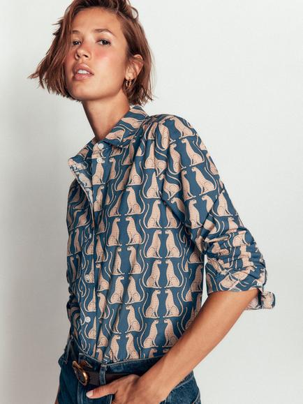 Boden The New Sienna Cat Print Shirt, Teal/Multi, Teal/Multi