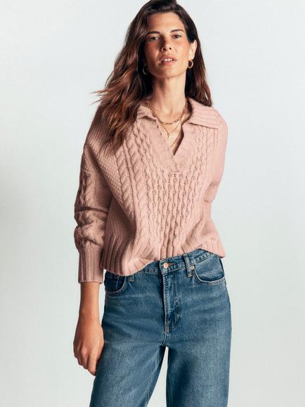 Boden Collared Cable Wool Jumper, Raw Umber, Oatmeal