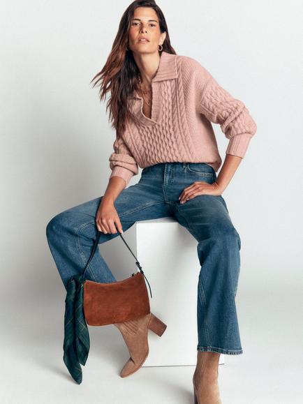 Boden Collared Cable Wool Jumper, Raw Umber - view 2, Oatmeal