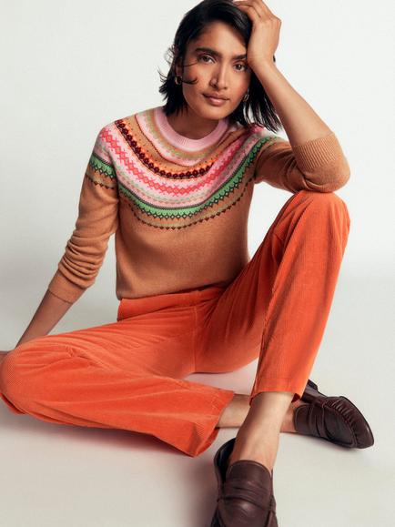 Boden Edie Fair Isle Crew Neck Jumper, Camel/Multi - view 2, Camel/Multi