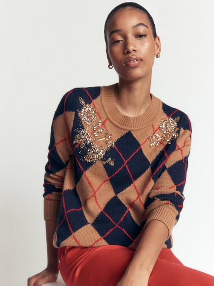 Boden Embellished Geometric Crew Neck Jumper, Camel Melange Argyle, Camel Melange Argyle