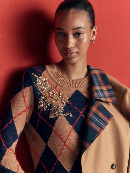 Boden Embellished Geometric Crew Neck Jumper, Camel Melange Argyle - view 2, Camel Melange Argyle
