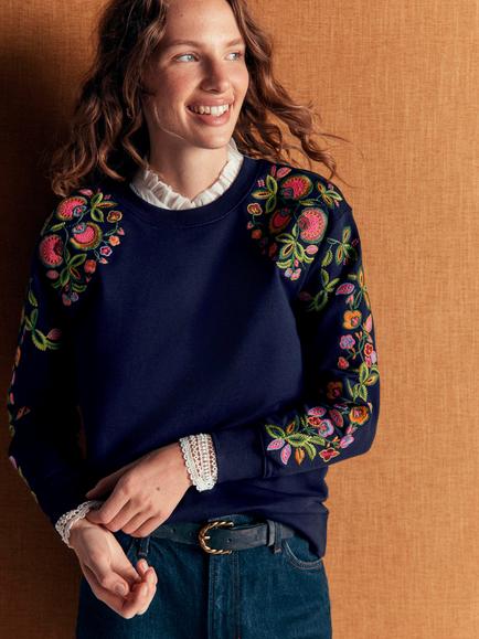 Boden Emi Cotton Floral Embroidered Crew Neck Jumper, Navy/Multi, Navy/Multi