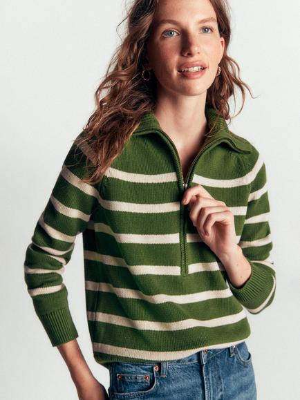 Boden Lucy Cotton Stripe Half Zip Jumper, Green/Cream, Green/Cream