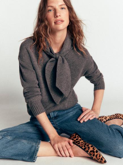 Boden Lydia Tie Neck Jumper - view 2, Charcoal Melange
