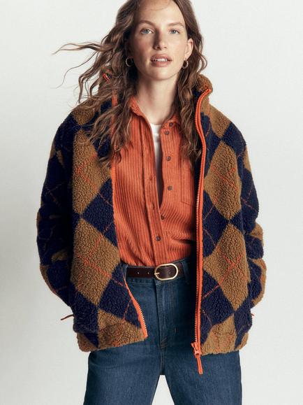 Boden Alnwick Borg Geometric Zip Up Jacket, Navy/Orange, Navy/Orange