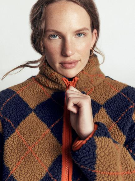 Boden Alnwick Borg Geometric Zip Up Jacket, Navy/Orange - view 2, Navy/Orange