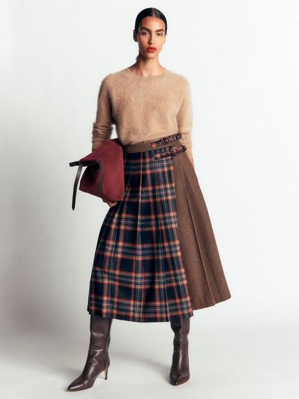 Boden Pleated Midi Kilt Skirt, Navy/Camel, Navy/Camel