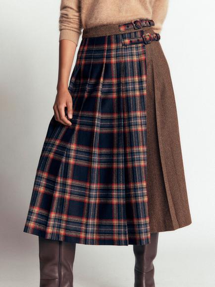 Boden Pleated Midi Kilt Skirt, Navy/Camel - view 2, Navy/Camel