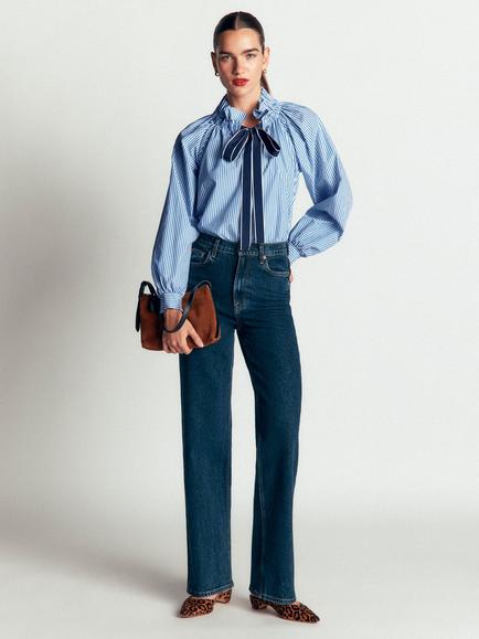 Boden Bow Neck Ruffle Shirt, Blue/Ivory, Blue/Ivory