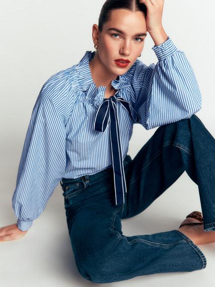 Boden Bow Neck Ruffle Shirt, Blue/Ivory - view 2, Blue/Ivory