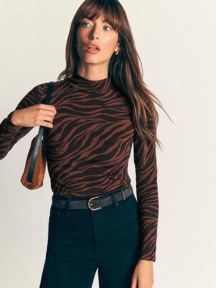 Boden High Neck Cotton Blend Jersey Top, Brown/Black, Brown/Black