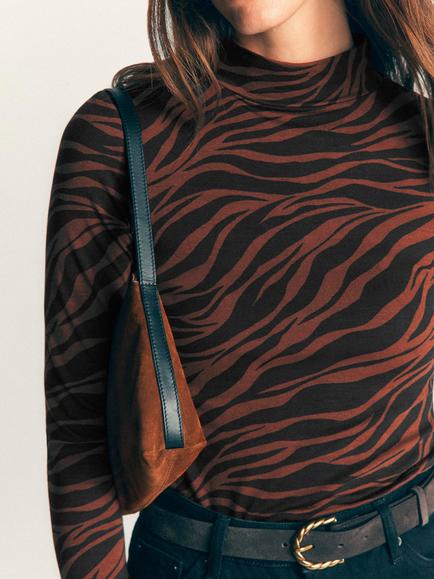 Boden High Neck Cotton Blend Jersey Top, Brown/Black - view 2, Brown/Black