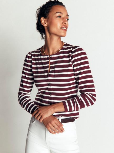 Boden Iris Striped Cotton Long Sleeve Top, Wine Tasting/Ivory, Wine Tasting/Ivory