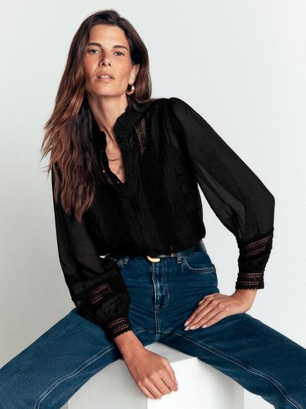 Boden Lace Trim High Neck Shirt, Black - view 2, Black