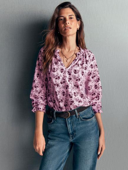Boden Pia Floral Ruffle Trim Top, Light Lilac, Light Lilac