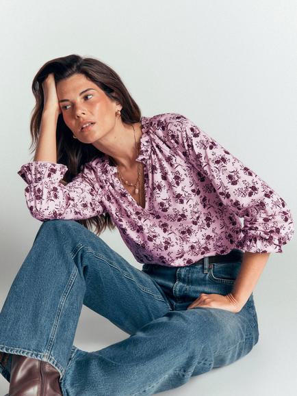 Boden Pia Floral Ruffle Trim Top, Light Lilac - view 2, Light Lilac