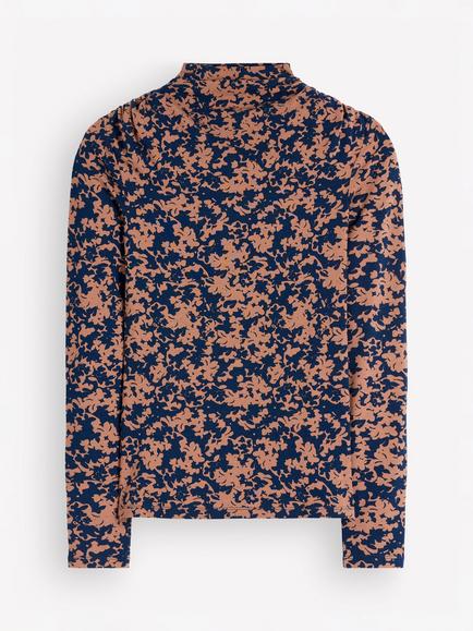 Boden Floral Ruched Neck Long Sleeve Top, Cappuccino Leaf, Cappuccino Leaf