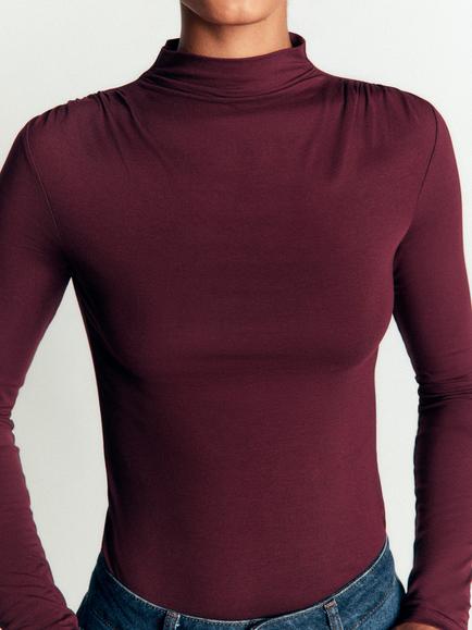 Boden Ruched High Neck Long Sleeve Top, Dark Cherry - view 2, Dark Cherry