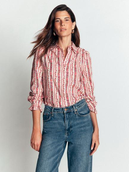 Boden Violet Floral Stripe Cotton Shirt, Cream/Multi, Cream/Multi